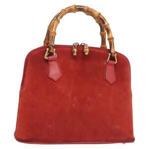 GUCCI Bamboo Hand Bag Suede Red Gold Auth 126063
